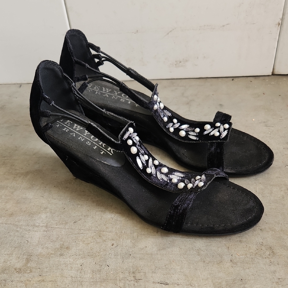 New York Transit Black Wedge Heels with Mesh Design